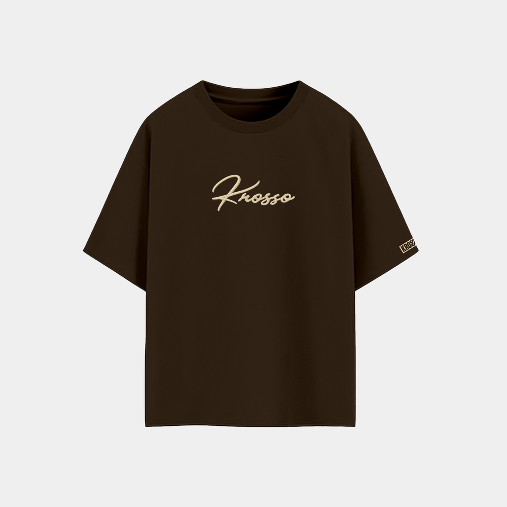 Krosso oversized brown t-shirt front view featuring minimal embroidered logo and premium oversized silhouette.