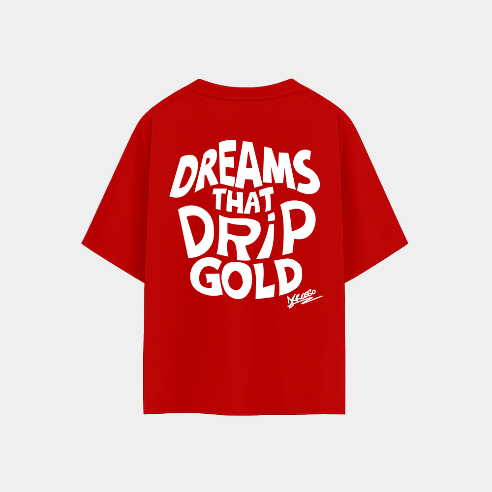 Krosso “Dreams That Drip Gold” oversized red t-shirt back view with bold typography graphic print.