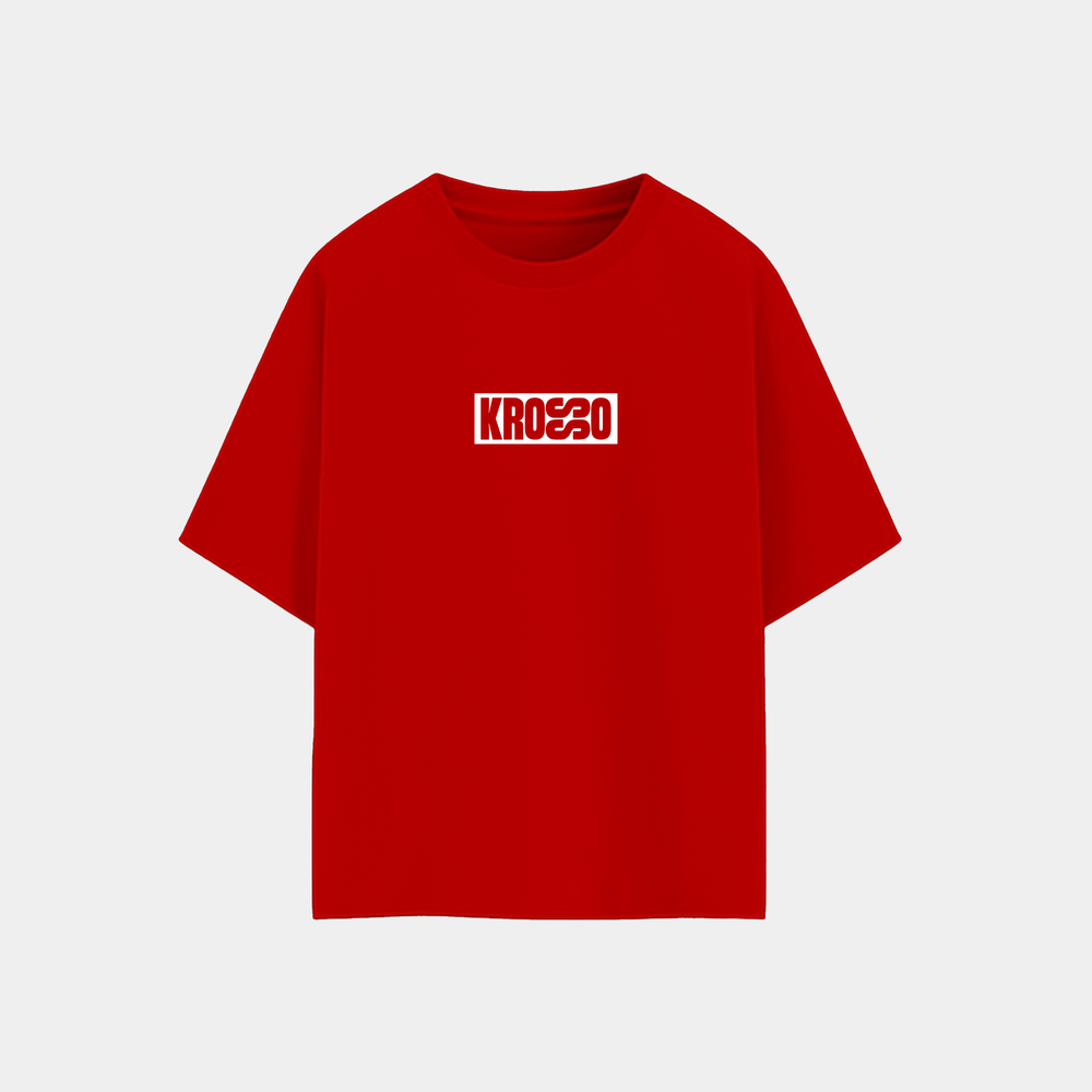 Krosso oversized red t-shirt front view featuring minimal logo print and premium oversized fit.