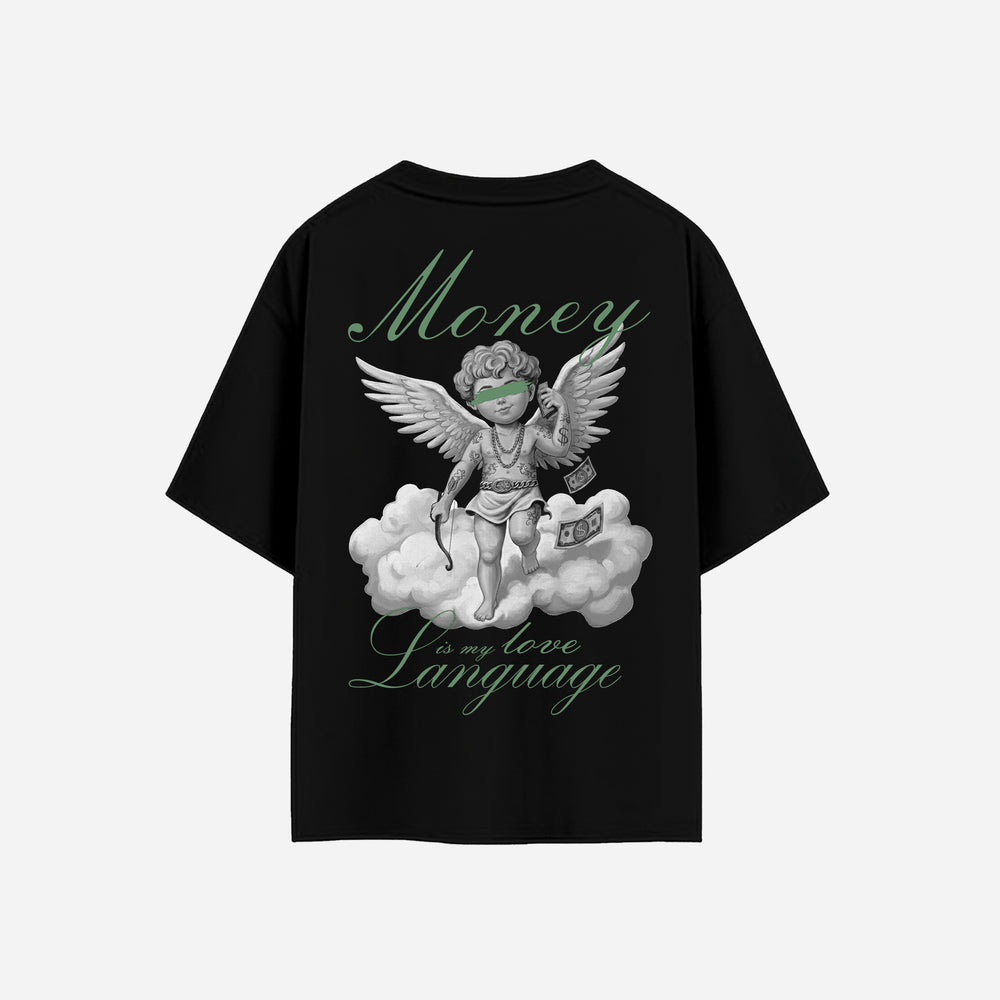 Krosso “Money Is My Love Language” oversized black t-shirt back view with angel illustration and statement typography.
