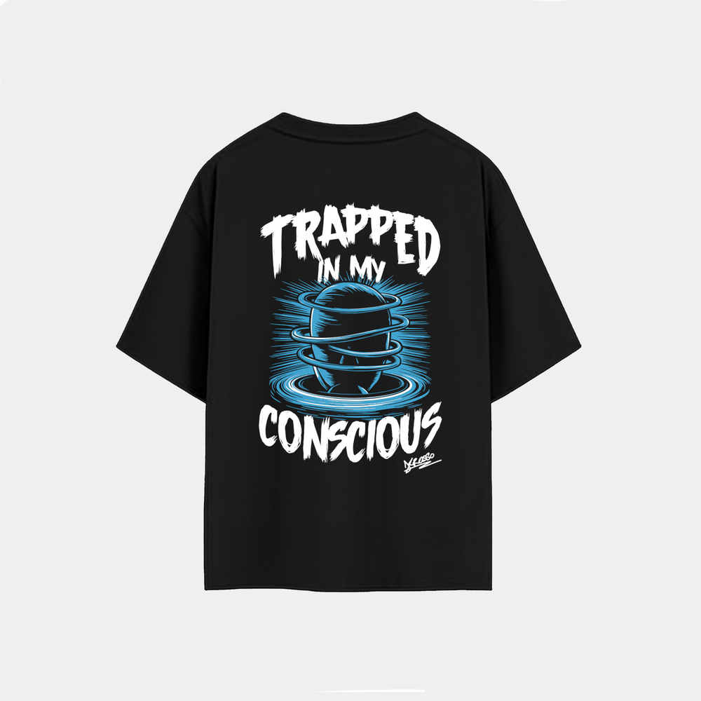 Krosso “Trapped In My Conscious” oversized black t-shirt back view with illustrated head graphic and bold typography design.