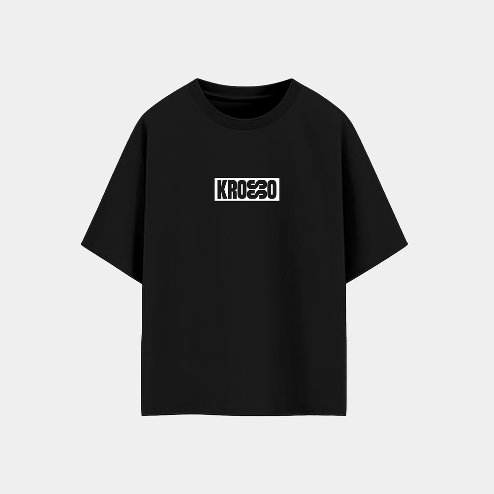 Krosso oversized black t-shirt front view featuring minimal logo print and premium oversized fit.