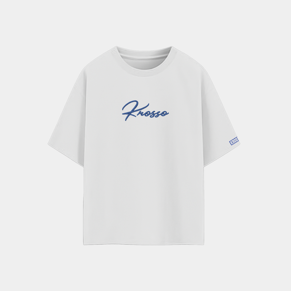 Krosso oversized white t-shirt front view featuring embroidered logo and premium oversized fit.